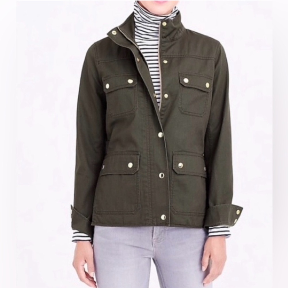 J. Crew Factory Twill Field Jacket Women XL Dark Green Zip Up Snap Button Pocket - Picture 3 of 6
